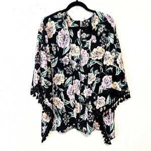 FRESHWATER Cover-up Womens M Tassel Trim Dark Romance Black Floral Kimono